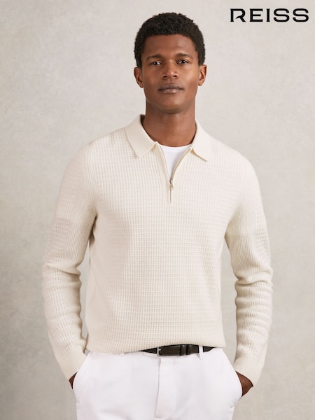 Reiss Off White Hamilton Wool Waffle-Knit Half-Zip Polo Shirt (W38466) | €170