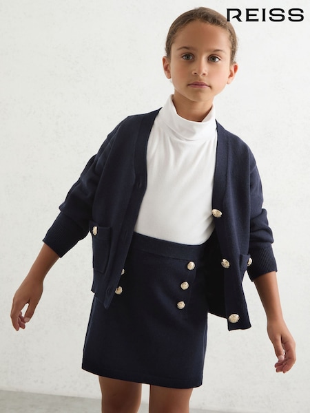 Reiss Navy Tillie Knitted Button-Detail A-Line Skirt (W38480) | €55