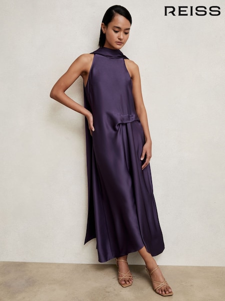Reiss Purple Michelle Petite Satin Tuck-Detail Cape Midi Dress (W38483) | €242