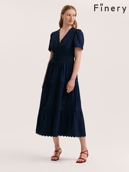 Finery Blue Wren Cotton Ric Rac Detail Tiered Midi Dress (W38545) | €75