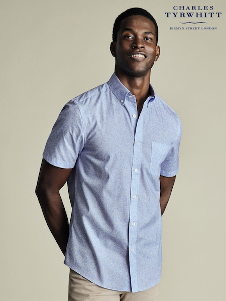Charles Tyrwhitt Blue Slim Fit Fish Slim Fit Short Sleeve Non-Iron Print 100% Cotton Shirt (W38558) | ₪352