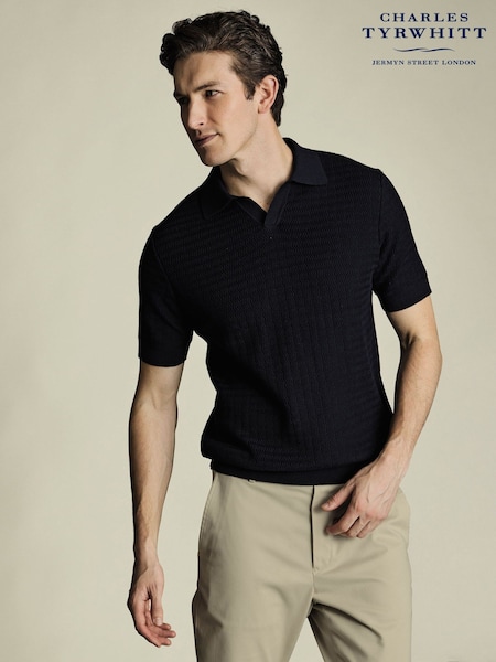 Charles Tyrwhitt Blue Zig Zag Short Sleeve 100% Cotton Trophy Neck Polo shirt (W38561) | €89