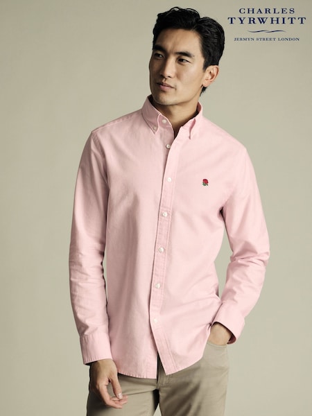 Charles Tyrwhitt Pink Classic Fit Plain Button-Down Stretch Washed 100% Cotton Oxford Shirt (W38564) | €100