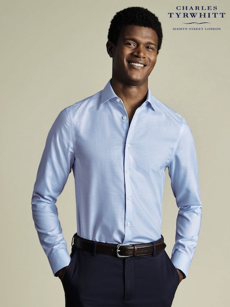 Charles Tyrwhitt Blue Slim Fit Slim Fit Non-Iron Check Cotton Linen Shirt (W38575) | €100