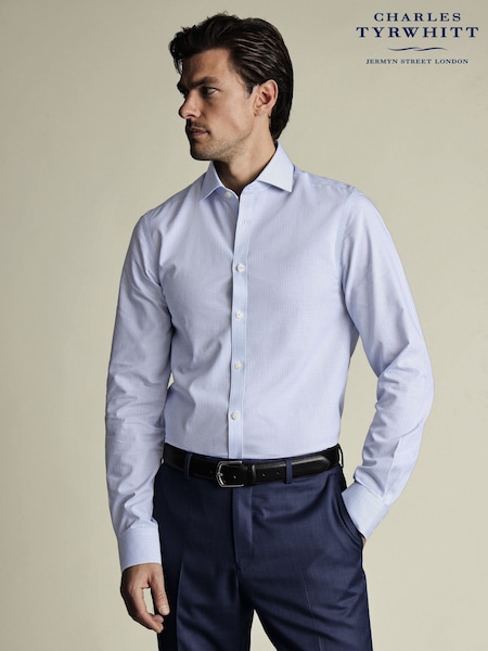 Charles Tyrwhitt Blue Slim Fit Non-Iron Cutaway Collar Fine 100% Cotton Check Shirt (W38579) | €93