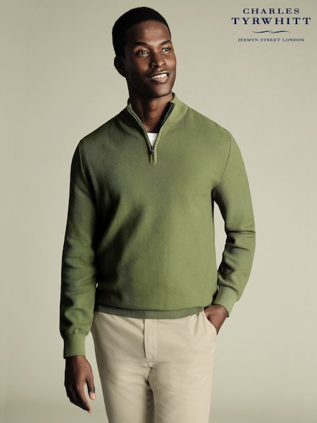 Charles Tyrwhitt Green Honeycomb 100% Cotton Zip Neck Sweat Top (W38586) | AED408