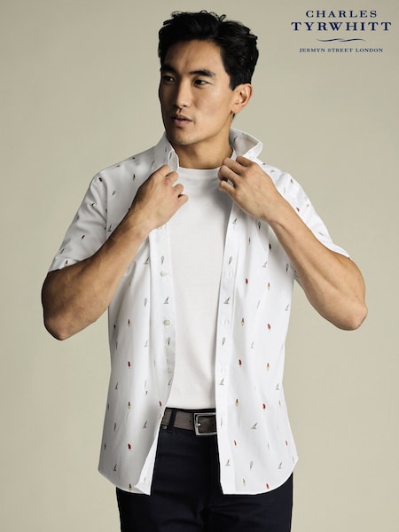 Charles Tyrwhitt White Slim Fit Ice Cream Short Sleeve Non-Iron 100% Cotton Print Shirt (W38593) | €100