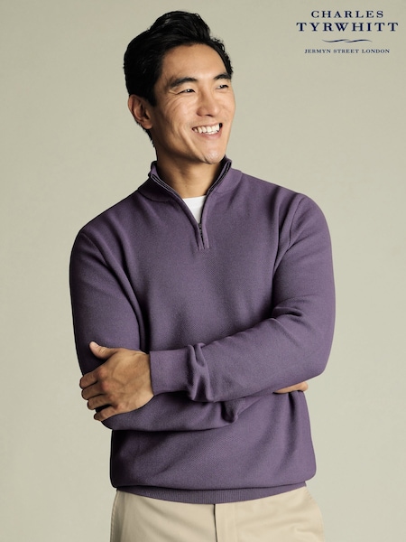 Charles Tyrwhitt Purple Honeycomb 100% Cotton Zip Neck Sweat Top (W38594) | AED408