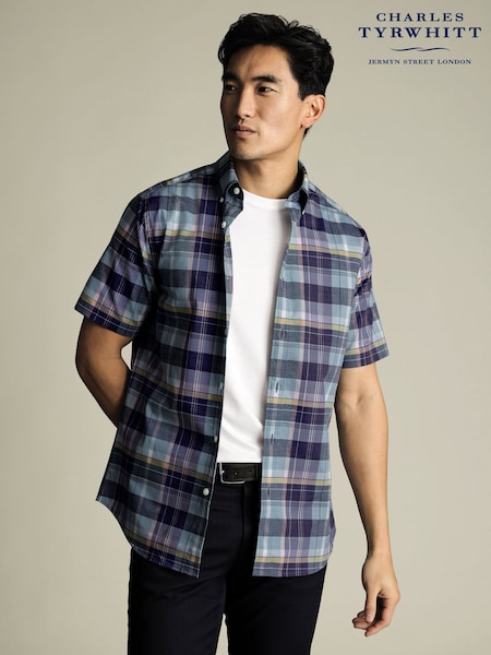 Charles Tyrwhitt Green Slim Fit Multi Check Non-Iron Stretch Poplin Slub Short Sleeve 100% Cotton Shirt (W38601) | €99