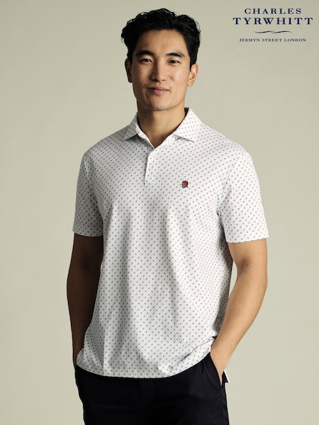Charles Tyrwhitt White RFU Printed Performance Short Sleeve Polo Shirt (W38609) | €83