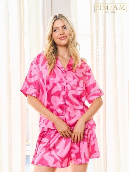 Jim Jam the Label Pink Satin Revere Shorts Set With Paintstroke Print (W38664) | €55