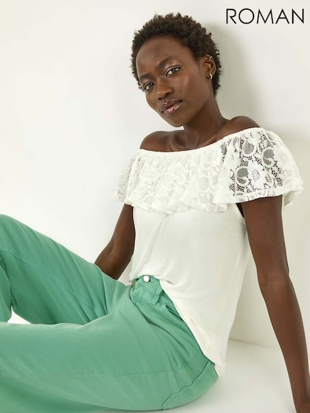 Roman White Lace Trim Bardot Top (W39651) | €40