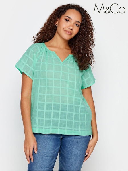 M&Co Green 100% Cotton Notch Neck Dobby Blouse (W39715) | €38