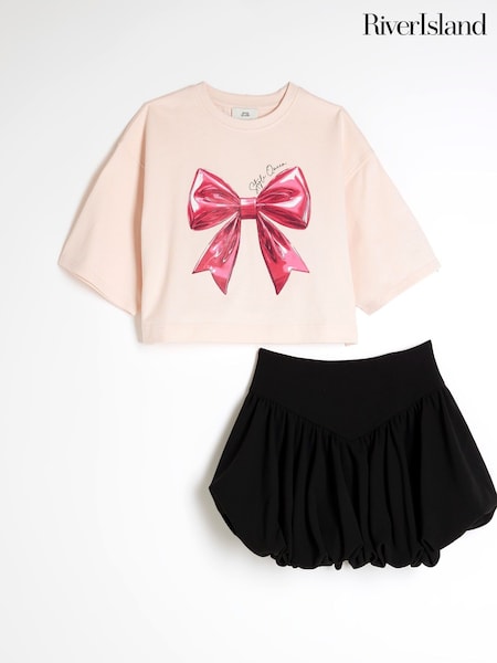 River Island Pink Girls Bow T-Shirt And Skirt Set (W39862) | €42