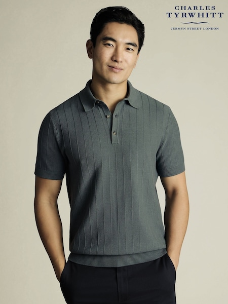 Charles Tyrwhitt Green Stripe Short Sleeve 100% Cotton Button Neck Polo shirt (W39895) | €89