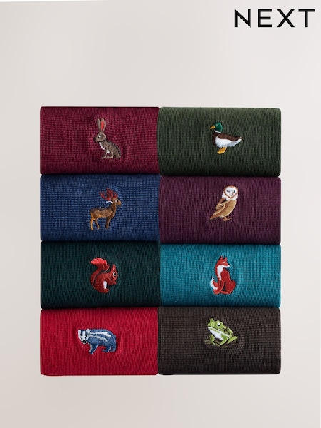 Green/Red/Blue Woodland Embroidered Socks 8 Pack (W40055) | R$ 230