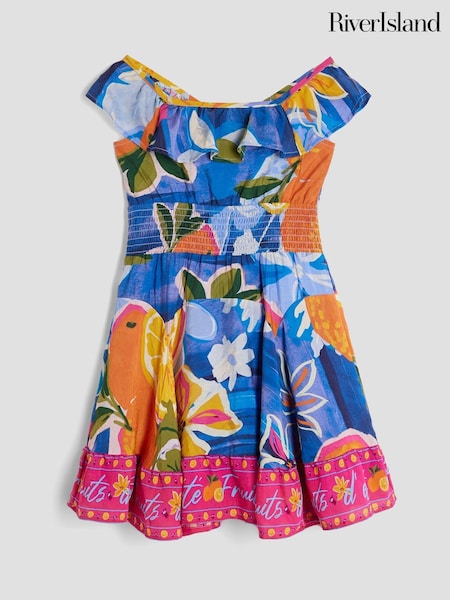 River Island Blue Girls Print Frill Waisted Dress (W40125) | €37
