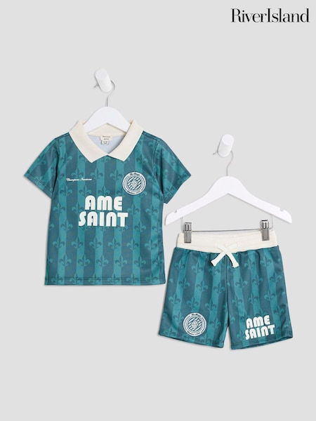 River Island Green Boys Football T-Shirt and Shorts Set (W40132) | €37