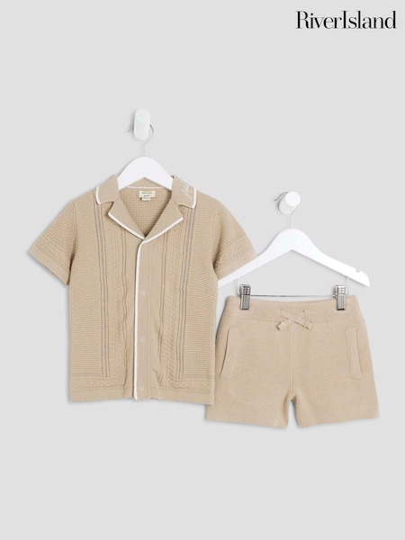 River Island Natural Boys Textured Revere Top and short set (W40139) | AED175