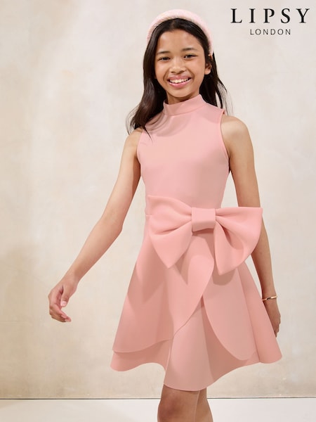Lipsy Pink Bow Scuba Halter Dress (5-16yrs) (W40408) | ₪186 - ₪226
