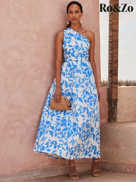Ro&Zo Blue Aubrey Leaf Printed One Shoulder 100% Cotton Dress (W40594) | 836 QAR