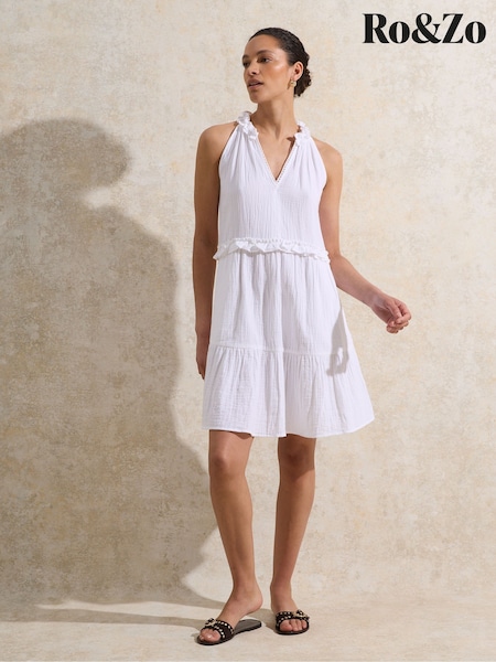 Ro&Zo Petite Frill Halter Cheesecloth 100% Cotton Mini Dress (W40606) | €124