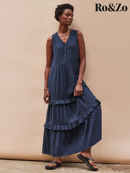 Ro&Zo Blue V-Neck Cheesecloth Midaxi 100% Cotton Dress (W40609) | €127
