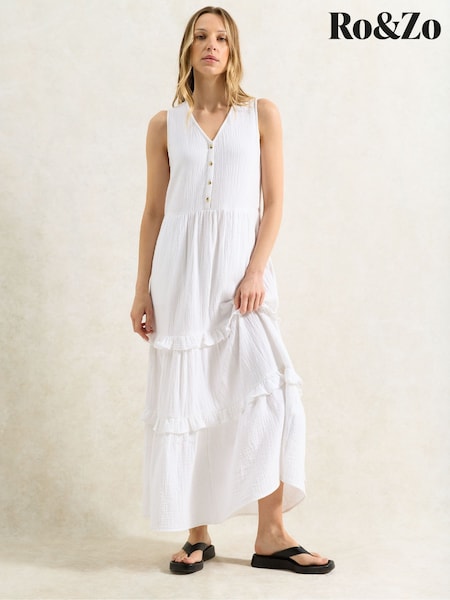 Ro&Zo White Petite V-Neck Cheesecloth 100% Cotton Midaxi Dress (W40618) | ₪448