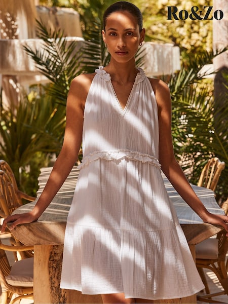 Ro&Zo White 100% Cotton Frill Halter Cheesecloth Mini Dress (W40621) | €105