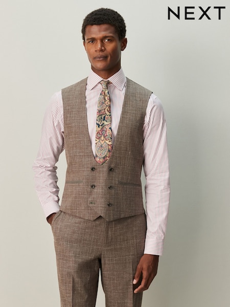 بني - Trimmed Check Suit Waistcoat (W40677) | ‏272 ر.ق.
