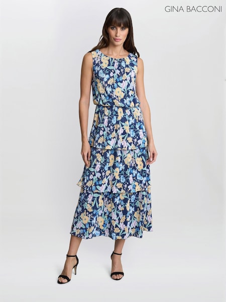 Gina Bacconi Blue Floral Print Plisse Tier Dress (W40737) | R$ 2.370