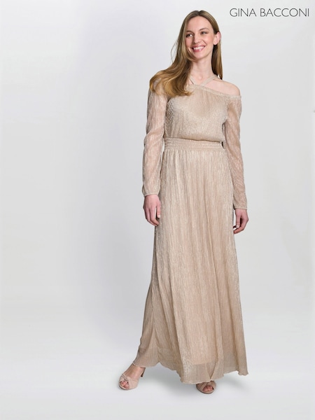 Gina Bacconi Gold Sylvia Metallic Off The Shoulder Dress (W40765) | 792 QAR