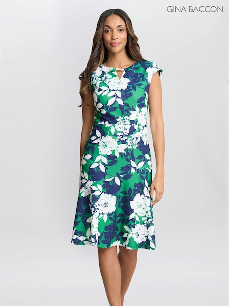 Green Gracey Floral Print Cap-Sleeve Dress (W40766) | 1,089 QAR
