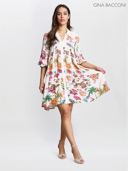 Gina Bacconi Mia Short Floral Print White Shirt Dress (W40770) | $507