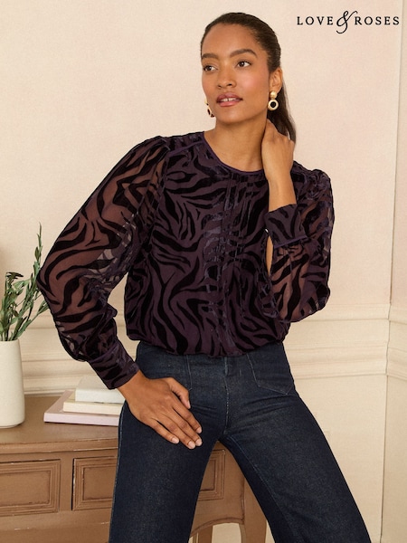 Love & Roses Purple Zebra Crew Neck Long Sleeve Burnout Blouse (W40785) | €56