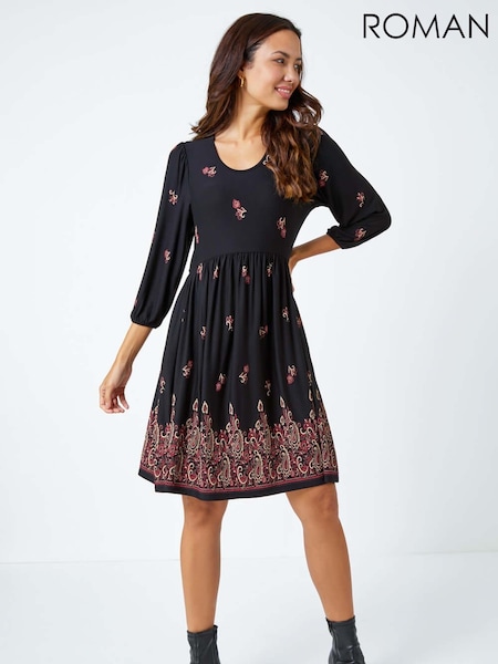 Roman Black Paisley Border Print Stretch Dress (W40837) | $96
