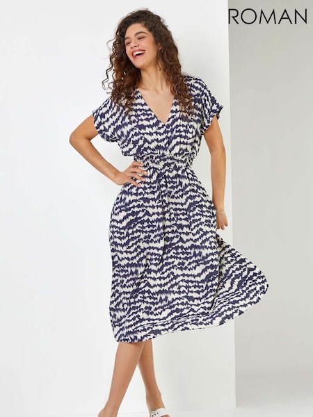 Roman Blue Abstract Print Fit & Flare Dress (W40838) | $107
