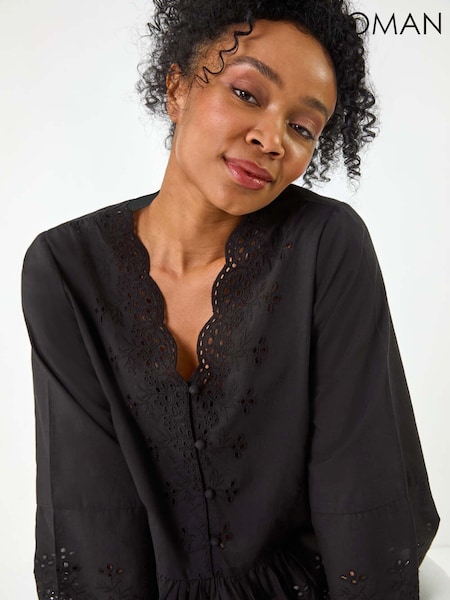 Roman Black Petite Broderie Scallop 100% Cotton Blouse (W40918) | ₪264