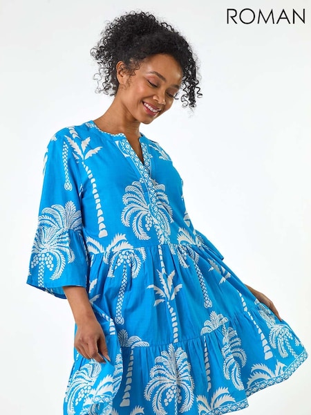 Albastru - Roman 100% Cotton Tropical Tiered Dress (W40931) | 335 LEI