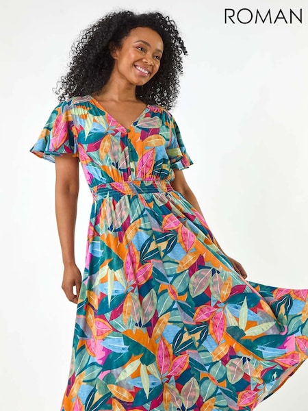 Roman Green Petite Leaf Print Shirred Midi Dress (W40935) | €66