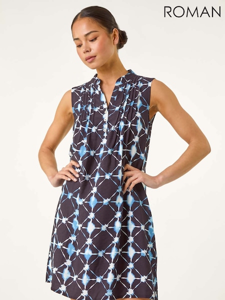 Roman Blue Petite Geometric Pintuck Pocket Dress (W40937) | €60