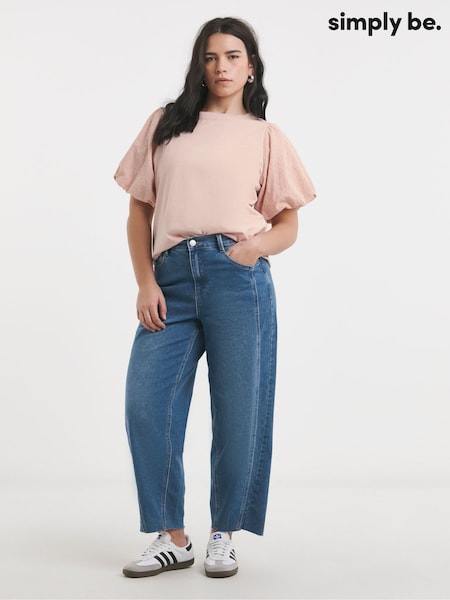 Simply Be Pink Broderie Puff Sleeve 100% Cotton T-Shirt (W41131) | €38