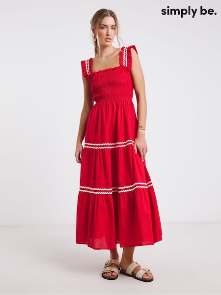 Simply Be Red Shirred Maxi Dress With Scallop Detail (W41132) | €73
