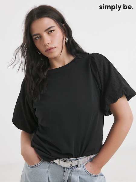 Negru - Simply Be Broderie Puff Sleeve 100% Cotton T-Shirt (W41135) | 186 LEI