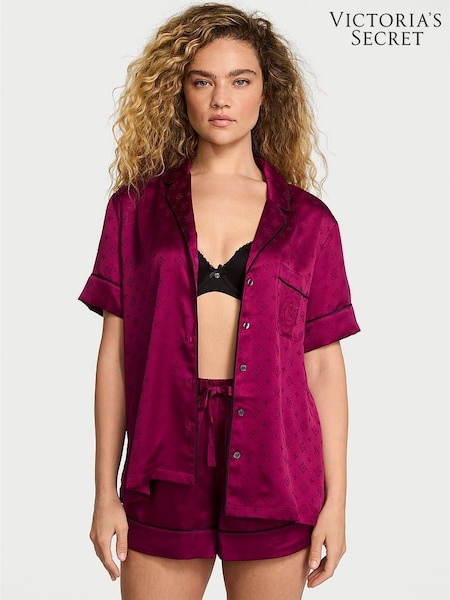 Victoria's Secret Logo Fresh Jam Jacquard Purple Satin Short Pyjamas Set (W41188) | €91.50