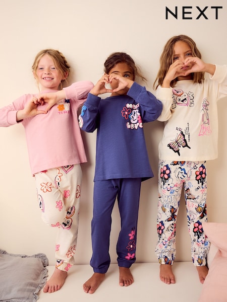 Pink/Cream 100% Cotton Joggers Pyjamas 3 Pack (3-16yrs) (W41281) | 100 QAR - 128 QAR