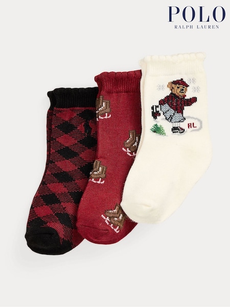 Polo Ralph Lauren Red Baby Girl Skating Bear Crew Socks 3 Pack (W41316) | R$ 120
