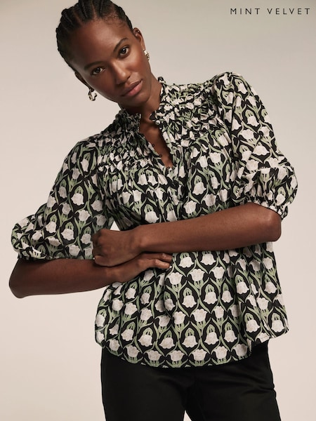 Mint Velvet Black Floral Print 100% Cotton Blouse (W41360) | €136