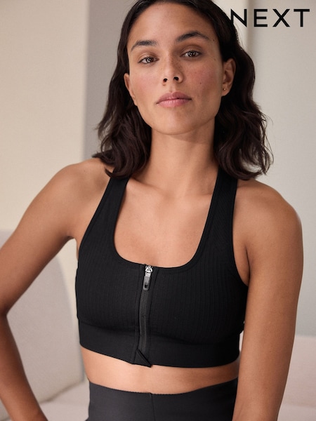 Black Seamless Zip Front Medium Impact Sports Bra (W41971) | AED92