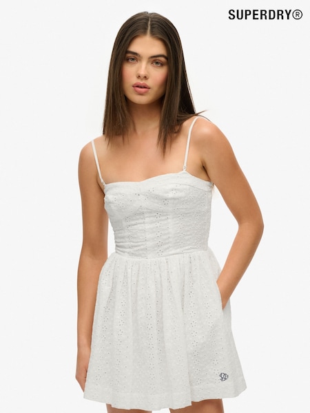Alb - Rochie mini cu broderie din bumbac 100% Superdry 100 (W42748) | 410 LEI